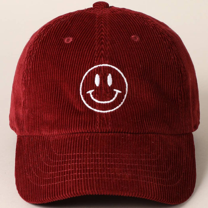 Happy Face Embroidered Corduroy Baseball Cap: ONE SIZE / OLIVE