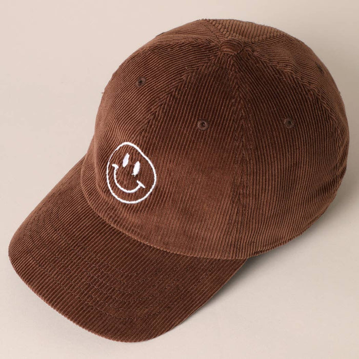 Happy Face Embroidered Corduroy Baseball Cap: ONE SIZE / MAUVE