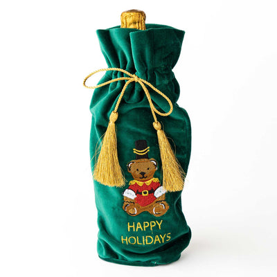 Teddy Bear Embroidered Green Wine Bag