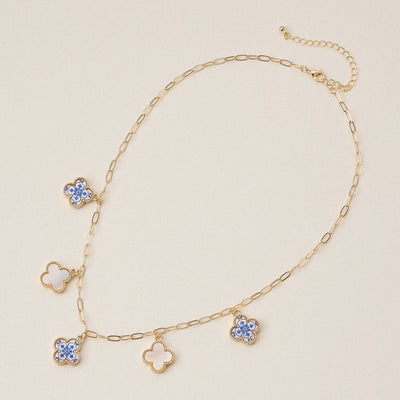 Blue Floral & Blue Floral Mother of Pearl Necklace: Blue/White