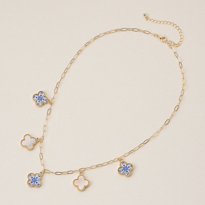 Blue Floral & Blue Floral Mother of Pearl Necklace: Blue/White