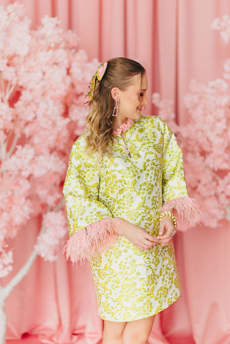 BC Caftan -Chartreuse and Blush with Feathers : Large/XL