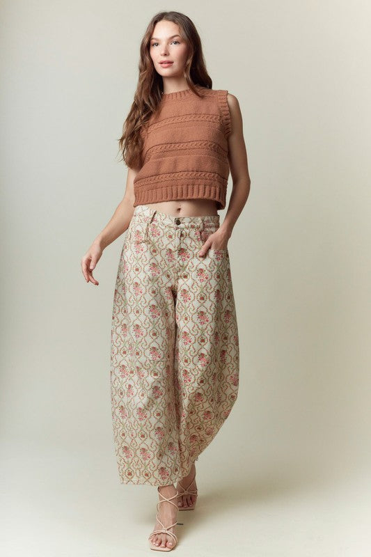 Jacquard Floral Printed Barrel Jeans