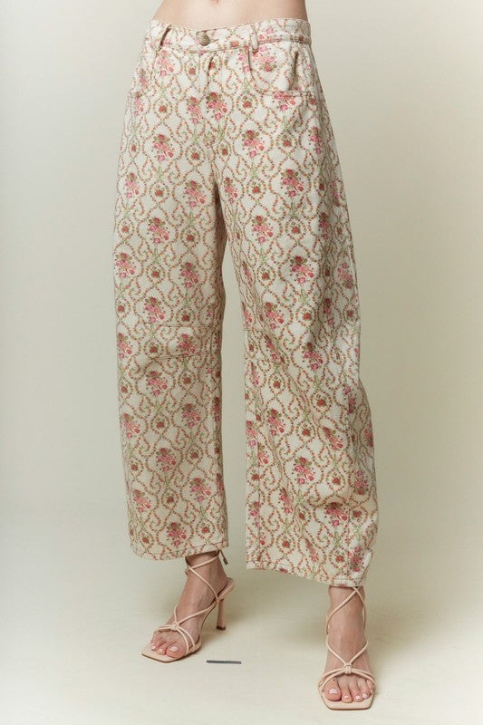 Jacquard Floral Printed Barrel Jeans