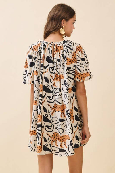 CD05962-Leopard Print Gathered Round Neck Mini Dress: CREAM / M