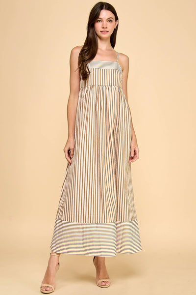 CD06050-Vertical Striped Relaxed Empire Waist Maxi Dress: Beige / M