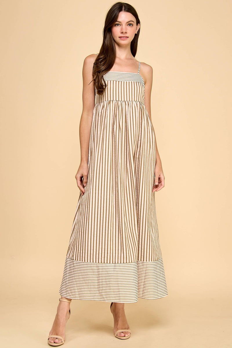 CD06050-Vertical Striped Relaxed Empire Waist Maxi Dress: Beige / M