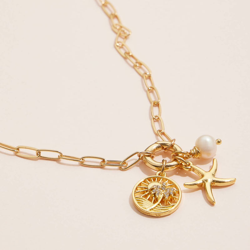 Gold Dipped Starfish Charm Necklace with Pearl Accent: Gold / One / 4DN18066