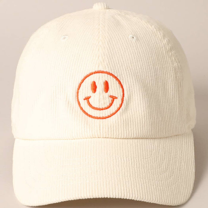 Happy Face Embroidered Corduroy Baseball Cap: ONE SIZE / DARK BROWN