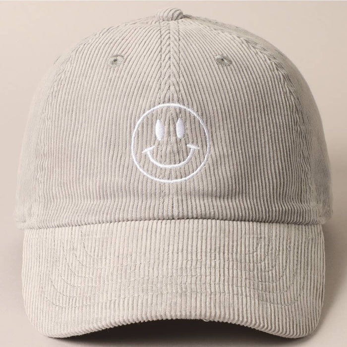 Happy Face Embroidered Corduroy Baseball Cap: ONE SIZE / SMOKE PINK