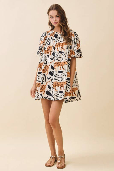 CD05962-Leopard Print Gathered Round Neck Mini Dress: CREAM / M