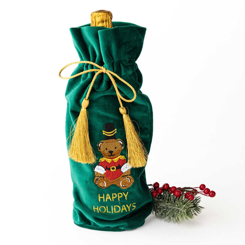 Teddy Bear Embroidered Green Wine Bag