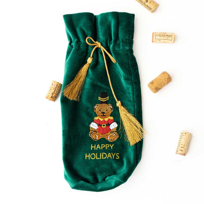 Teddy Bear Embroidered Green Wine Bag