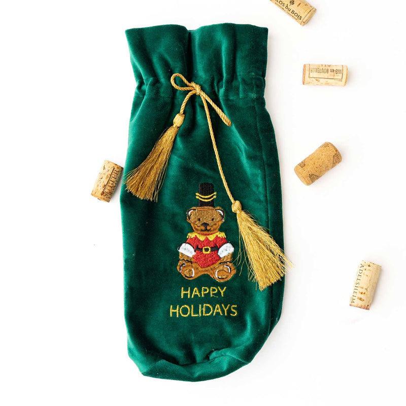 Teddy Bear Embroidered Green Wine Bag