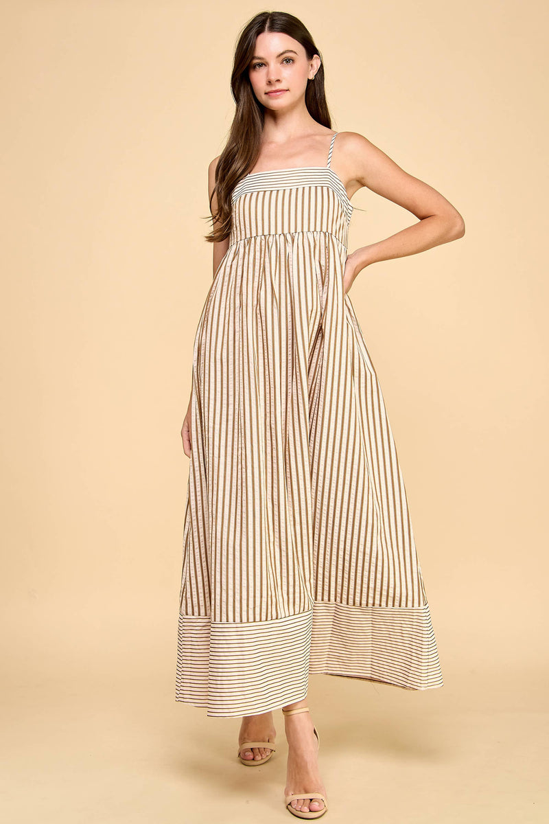 CD06050-Vertical Striped Relaxed Empire Waist Maxi Dress: Beige / M