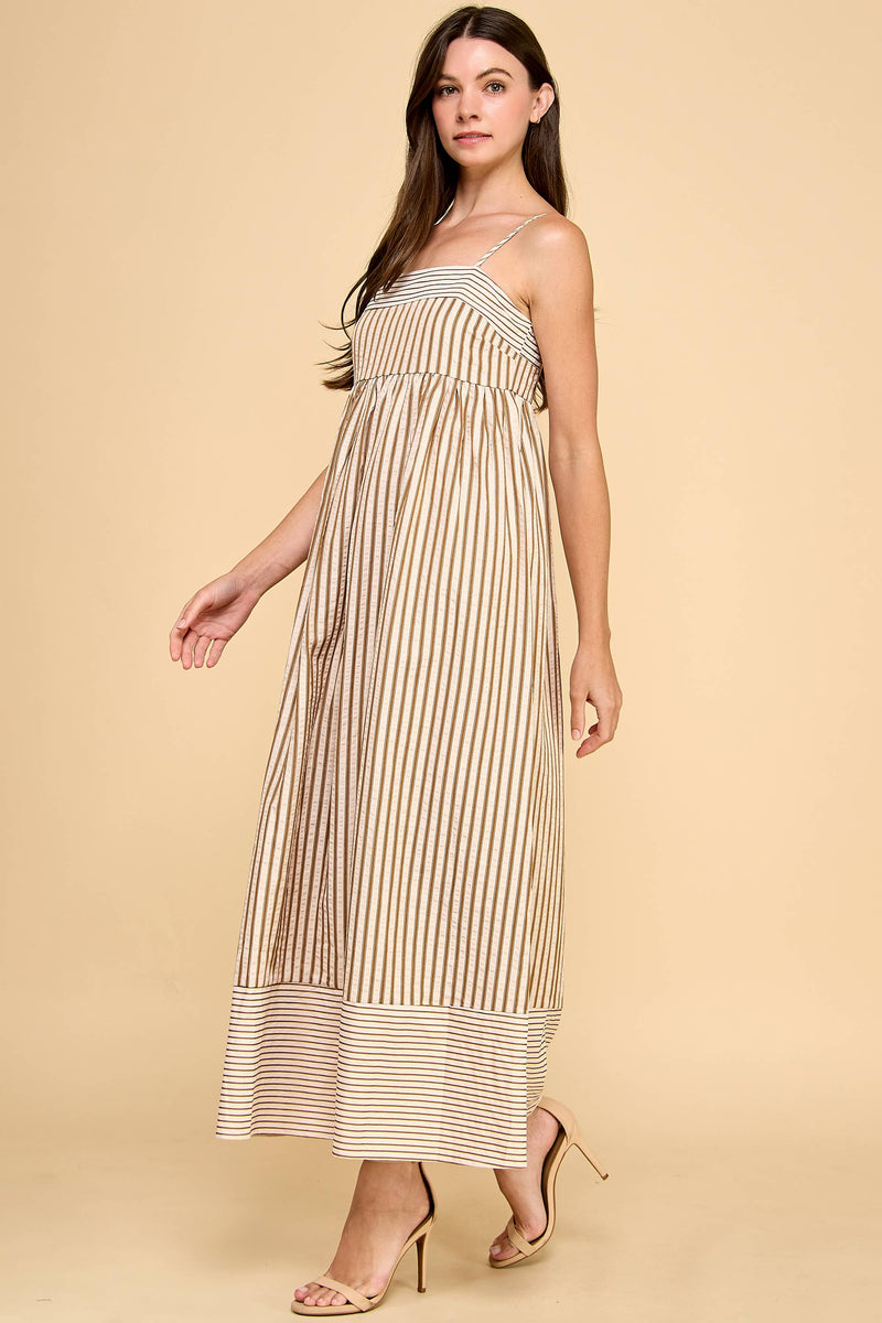 CD06050-Vertical Striped Relaxed Empire Waist Maxi Dress: Beige / M