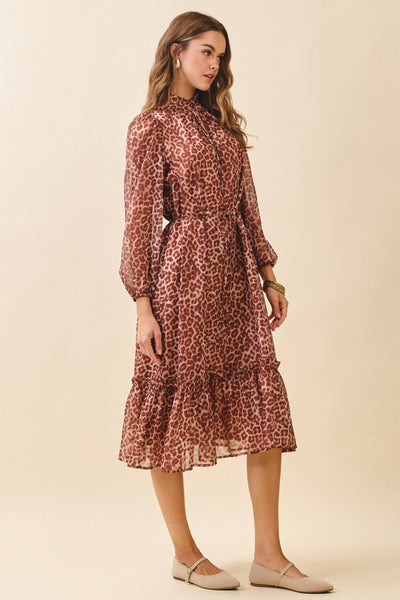 CD06191-Leopard Print Ruffled High Neck Tiered Hem Dress: RUST / S