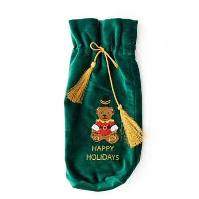 Teddy Bear Embroidered Green Wine Bag