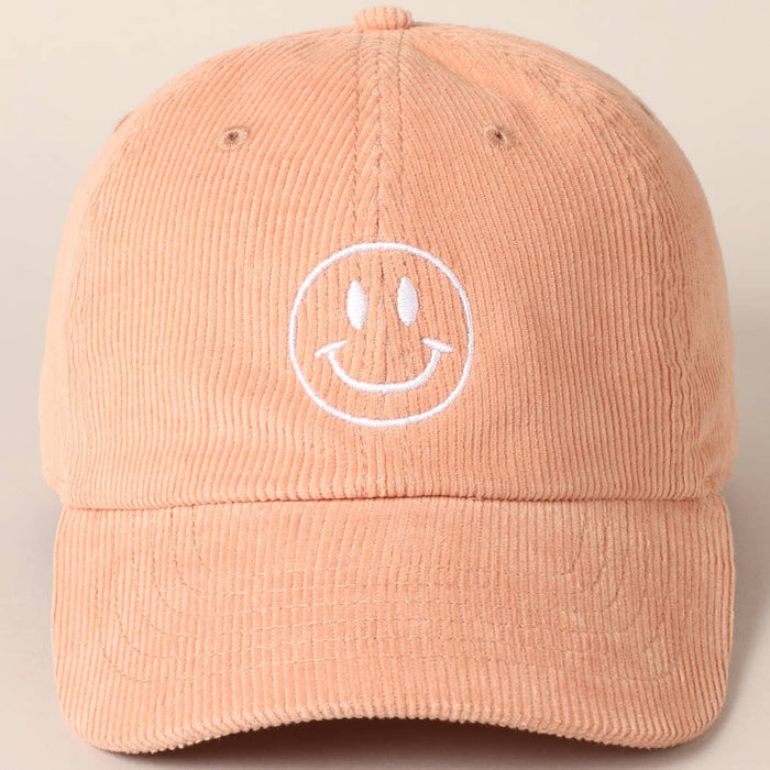 Happy Face Embroidered Corduroy Baseball Cap: ONE SIZE / OLIVE