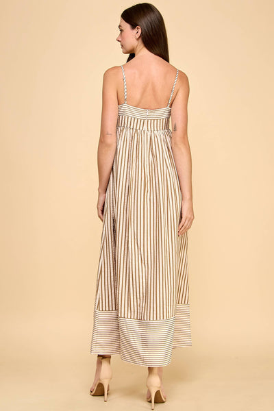 CD06050-Vertical Striped Relaxed Empire Waist Maxi Dress: Beige / M