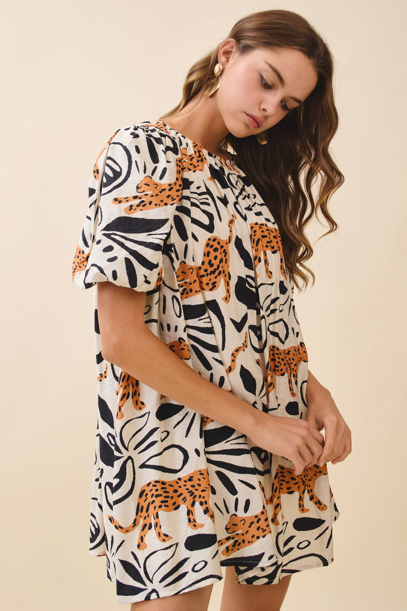 CD05962-Leopard Print Gathered Round Neck Mini Dress: CREAM / M