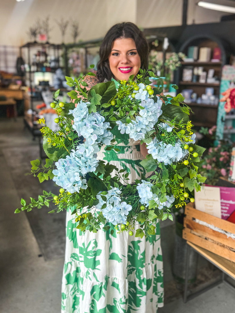 Mixed Hydrangea Berry Wreath 24" Blue
