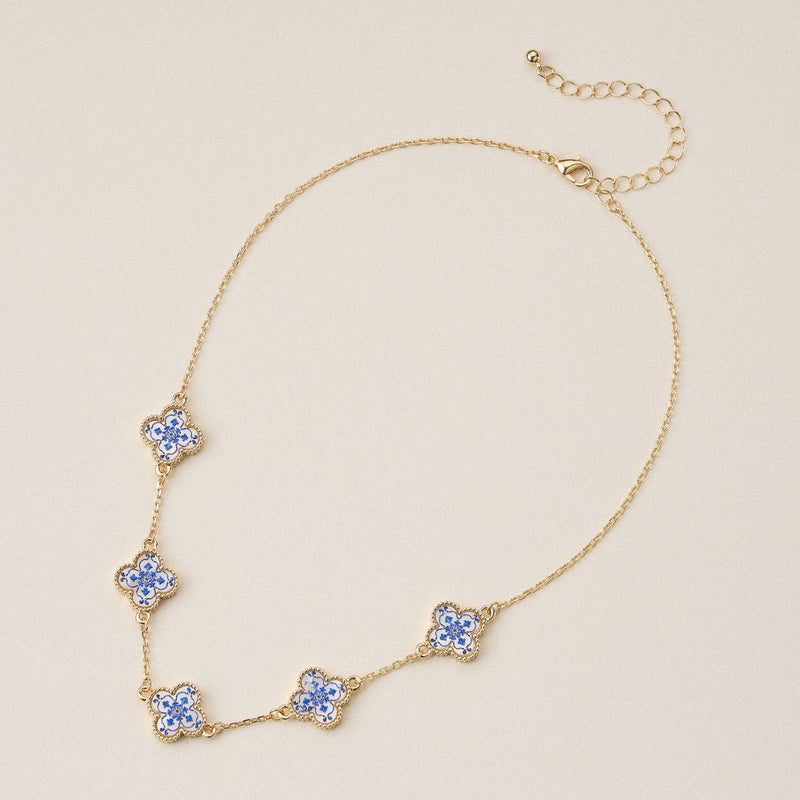 Blue Floral Mother of Pearl Necklace: Blue/White