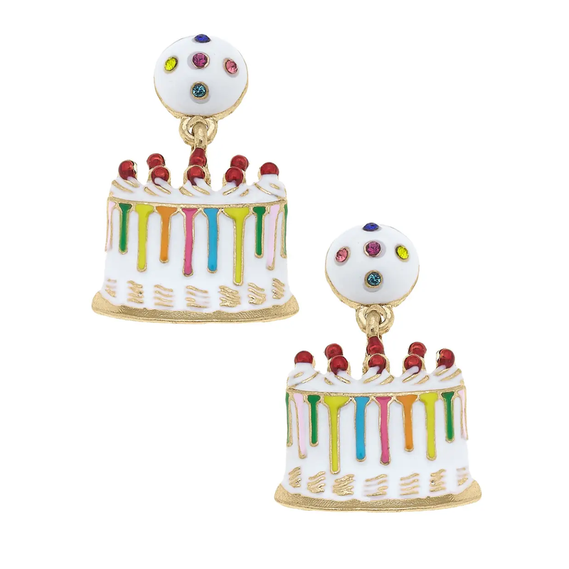Rhinestone Enamel Birthday Cake Earrings in Rainbow Multi
