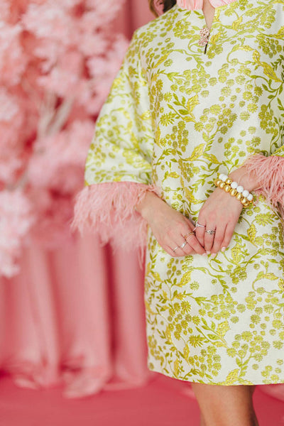 BC Caftan -Chartreuse and Blush with Feathers : Large/XL