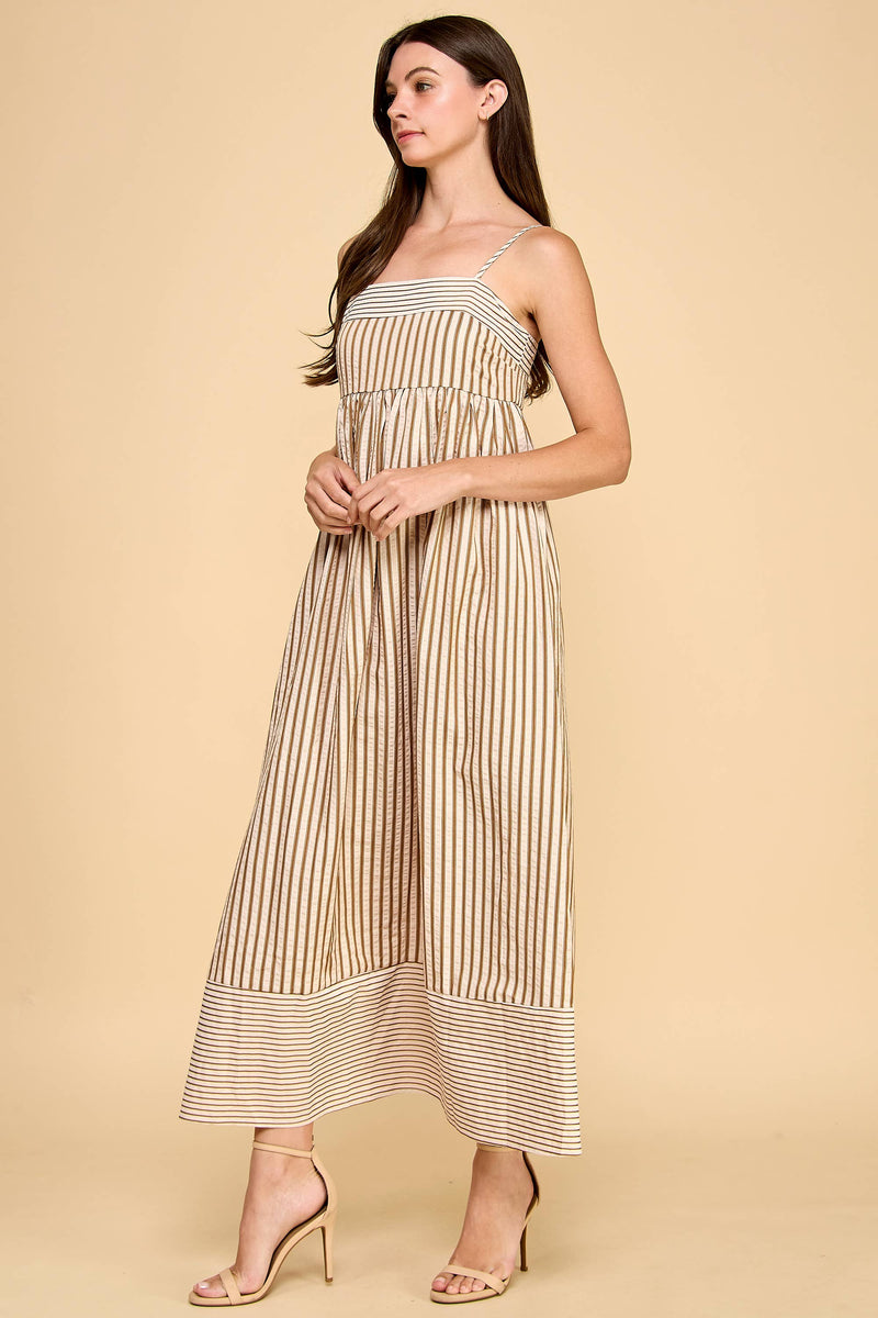 CD06050-Vertical Striped Relaxed Empire Waist Maxi Dress: Beige / M