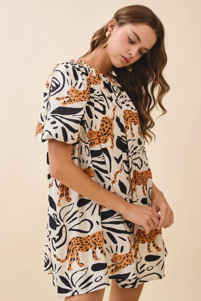 CD05962-Leopard Print Gathered Round Neck Mini Dress: CREAM / S