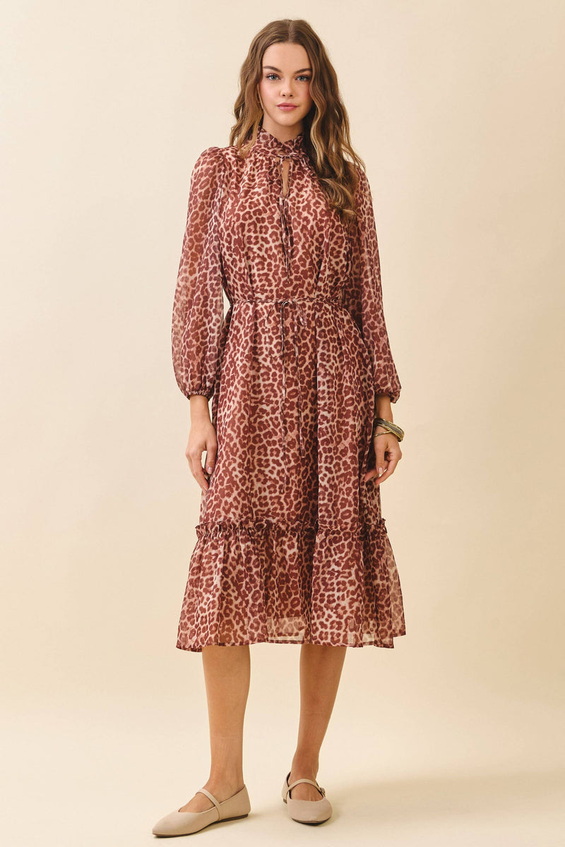 CD06191-Leopard Print Ruffled High Neck Tiered Hem Dress: RUST / M
