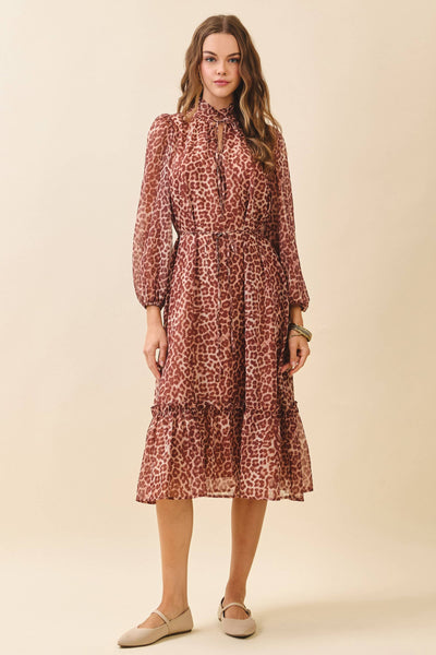 CD06191-Leopard Print Ruffled High Neck Tiered Hem Dress: RUST / L