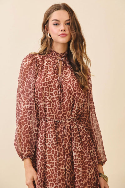 CD06191-Leopard Print Ruffled High Neck Tiered Hem Dress: RUST / M