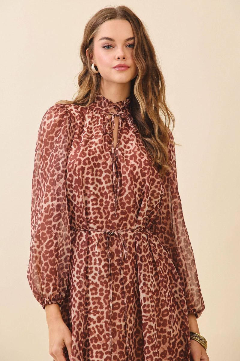 CD06191-Leopard Print Ruffled High Neck Tiered Hem Dress: RUST / M