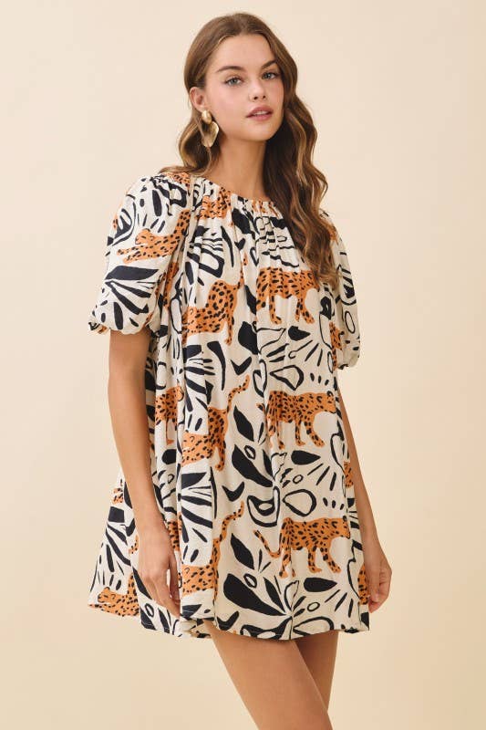 CD05962-Leopard Print Gathered Round Neck Mini Dress: CREAM / L