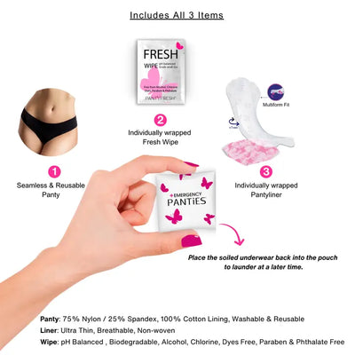 Women’s On-The-Go Kit – Spare Underwear, Wipe, Liner & More |REG BLACK BIKINI
