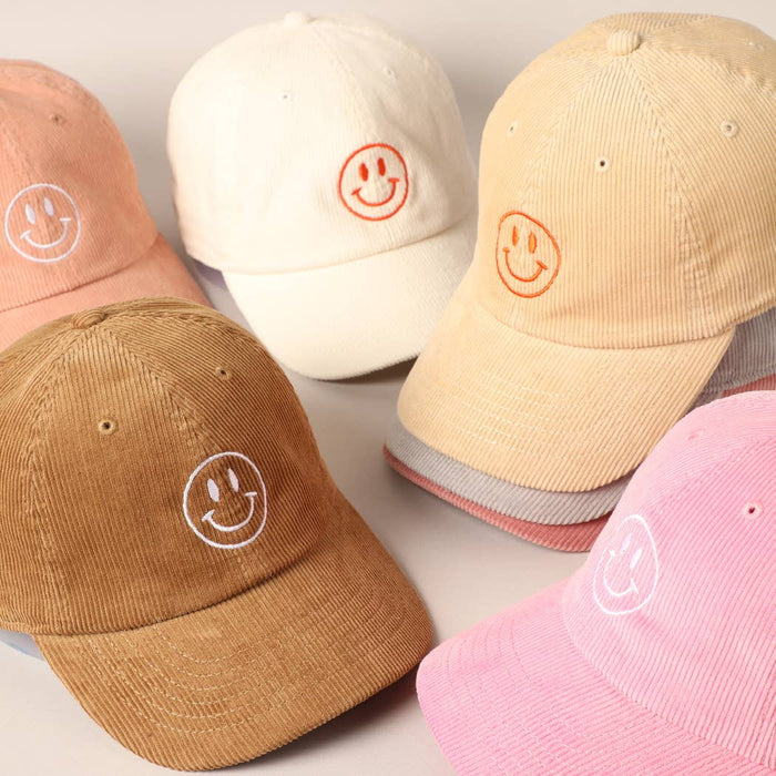 Happy Face Embroidered Corduroy Baseball Cap: ONE SIZE / MAUVE