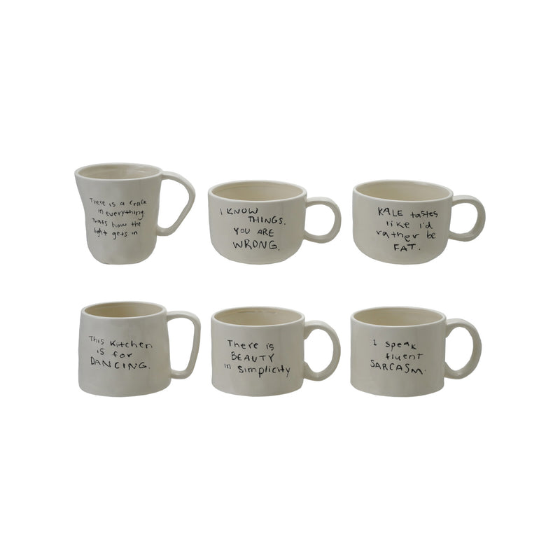 12 oz. Stoneware Mug with Saying, White & Black, 6 Styles