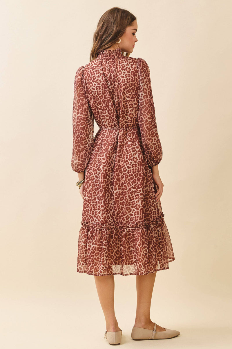 CD06191-Leopard Print Ruffled High Neck Tiered Hem Dress: RUST / S
