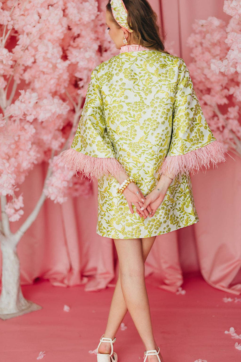 BC Caftan -Chartreuse and Blush with Feathers : Large/XL