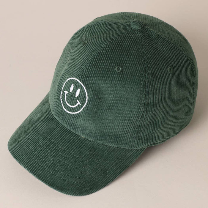 Happy Face Embroidered Corduroy Baseball Cap: ONE SIZE / DARK BROWN