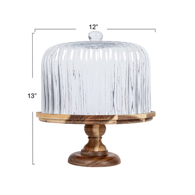 Acacia Wood Pedestal Glass Cloche Set