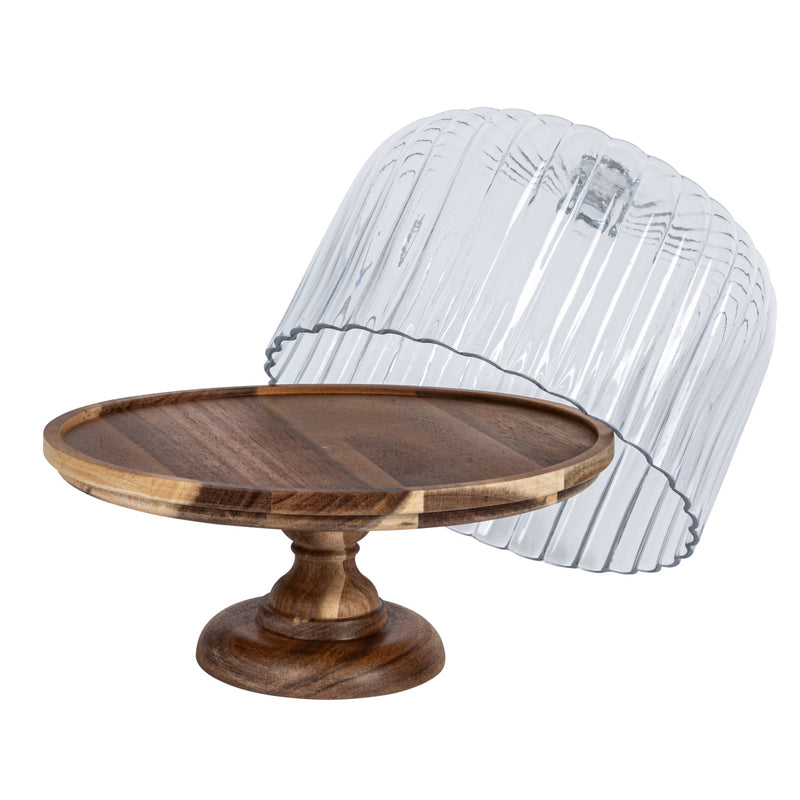 Acacia Wood Pedestal Glass Cloche Set