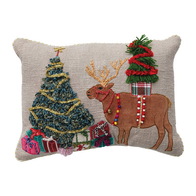 Lumbar Pillow with Applique, Embroidery, Reindeer & Christmas Tree