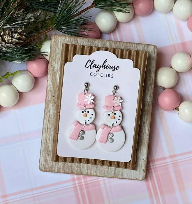 Pink Snowman Clay Earrings