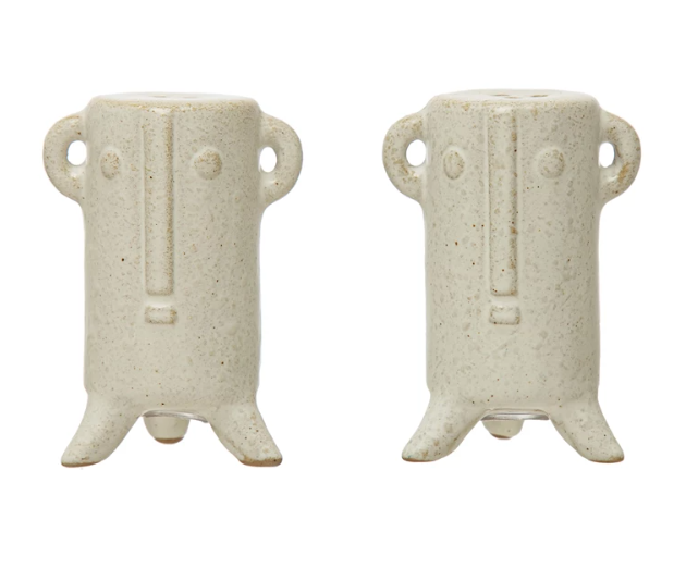Stoneware Salt and Pepper Shakers with Face, Reactive Glaze, Set of 2